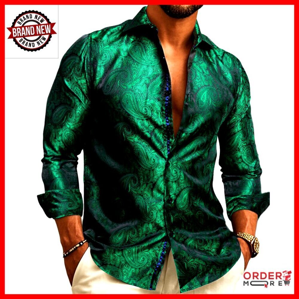 Men's Silk Long Sleeve Button Down Shirt Paisley Western Cowboy Formal Casual